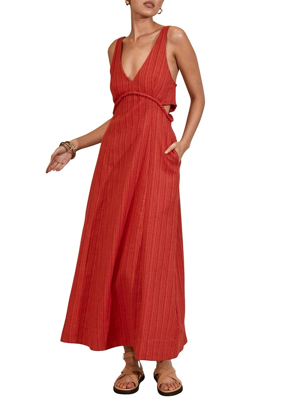 NWT Mon Renn Celine Linen V Neck Midi Dress Magenta Orange with A line Skirt